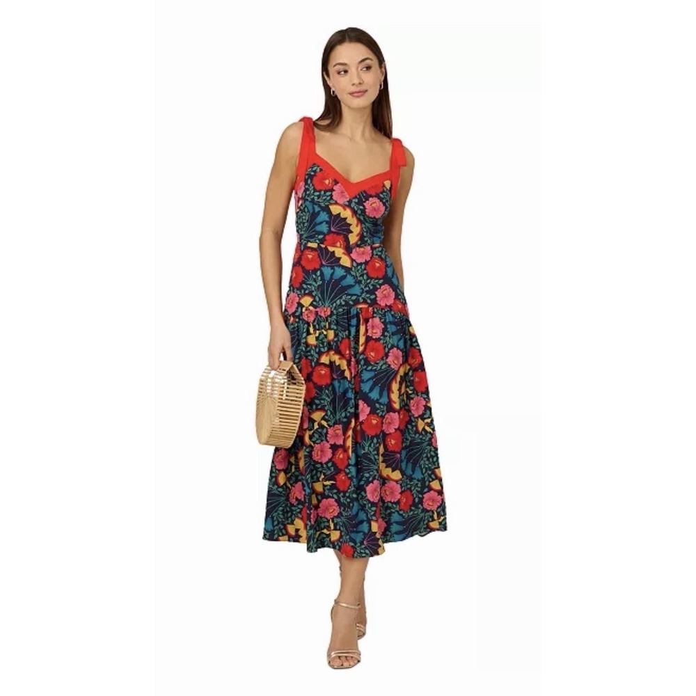 Adrianna by Adriana Papell Women's Printed Bow-Strap Midi Dress. Size 4